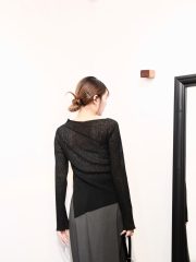 Black split sheer pleated blouse